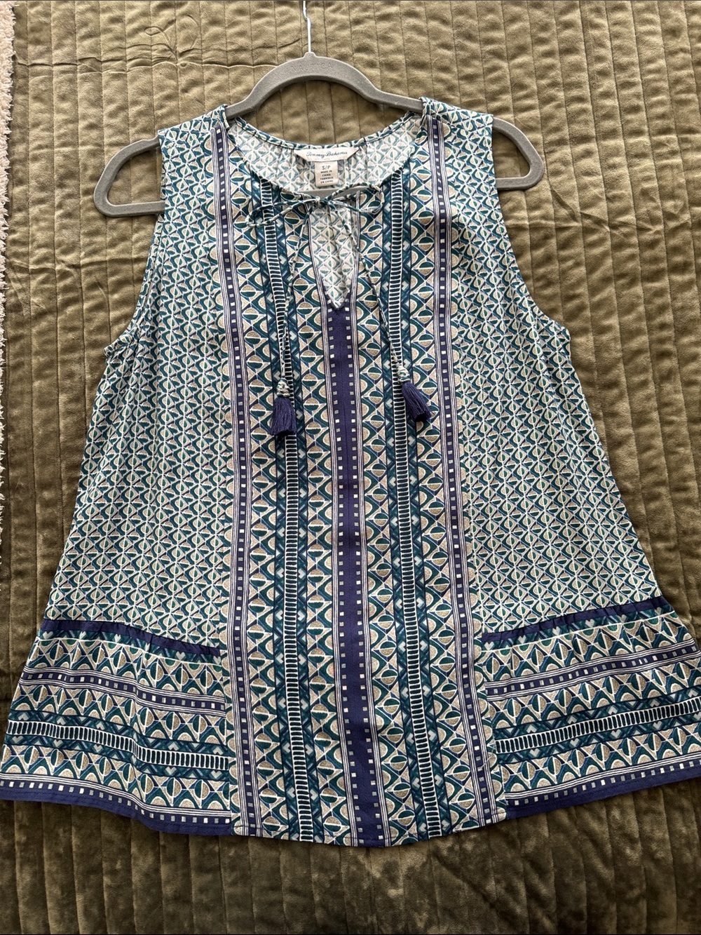 Tommy Bahama Teal and Navy Geometric Tassel Sleeveless Top